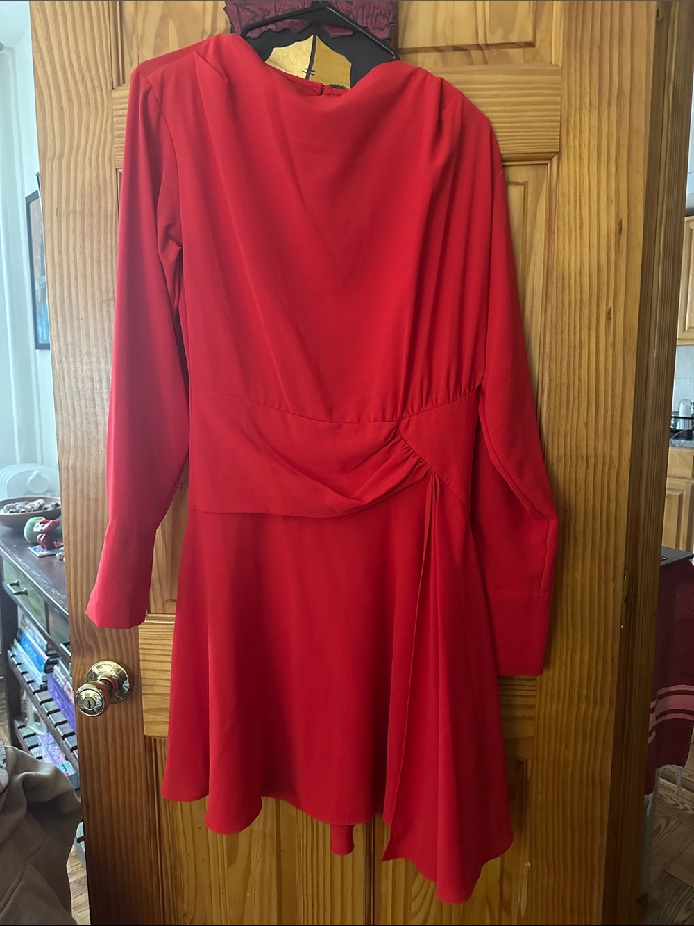 Reserved Red Long-Sleeve Draped Waist Dress